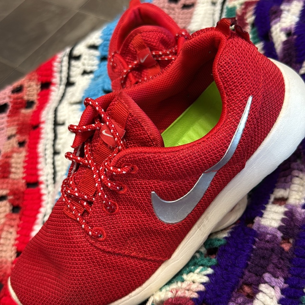 Nike Red Mesh Sneakers with Silver Swoosh and Neon Green Insole